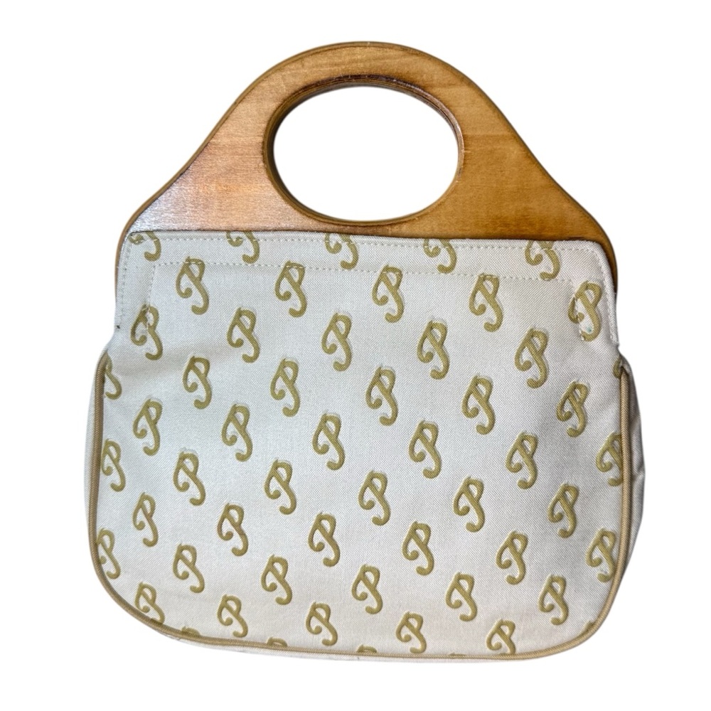 GLO BELLE Vintage Handbag Wood Handles P Pattern Canvas Purse Attaché *Flaw*